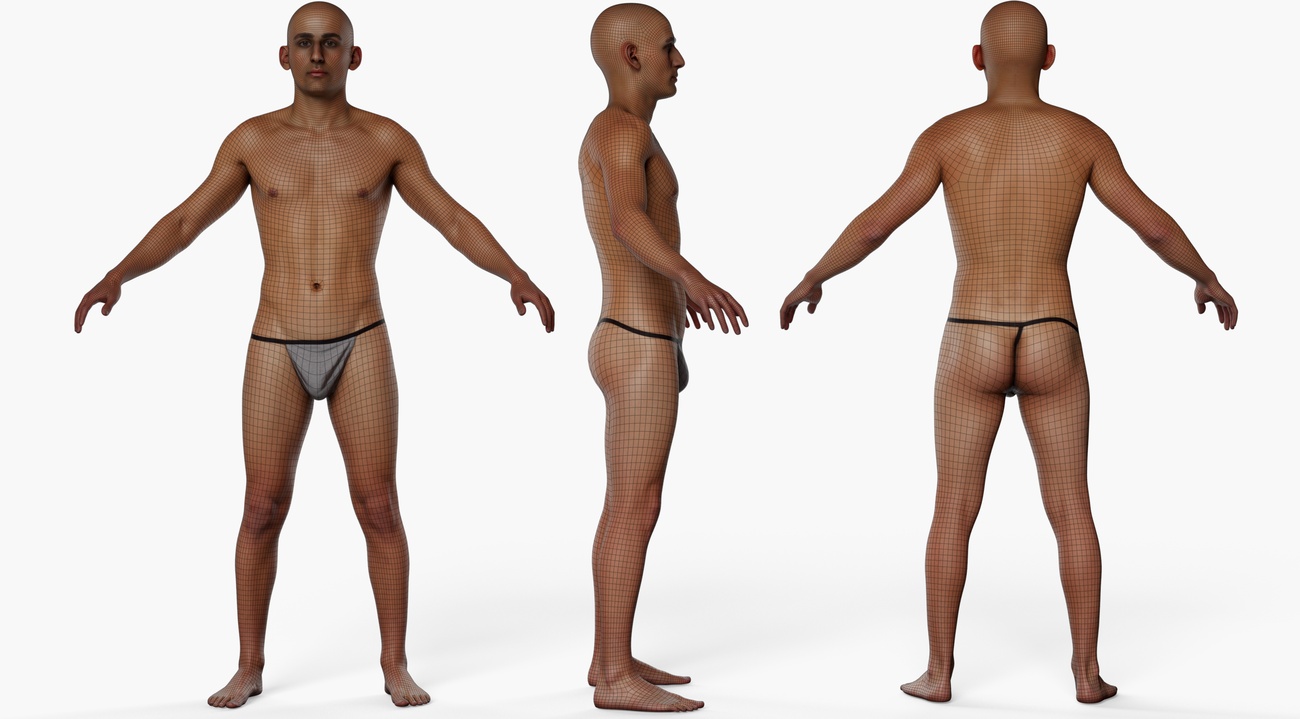 Wireframe topology view of a lean male 3D body scan showing clean quad mesh edge loops across the full figure